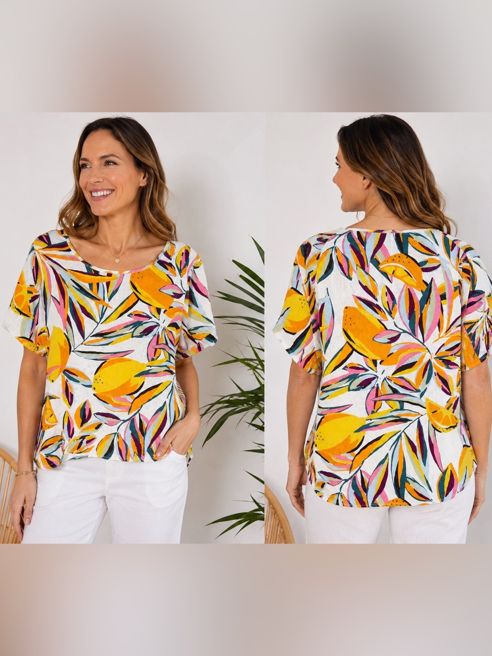 Tahari 100% Linen Floral Citrus Print Women’s 1X Short Sleeve Lightweight Blouse